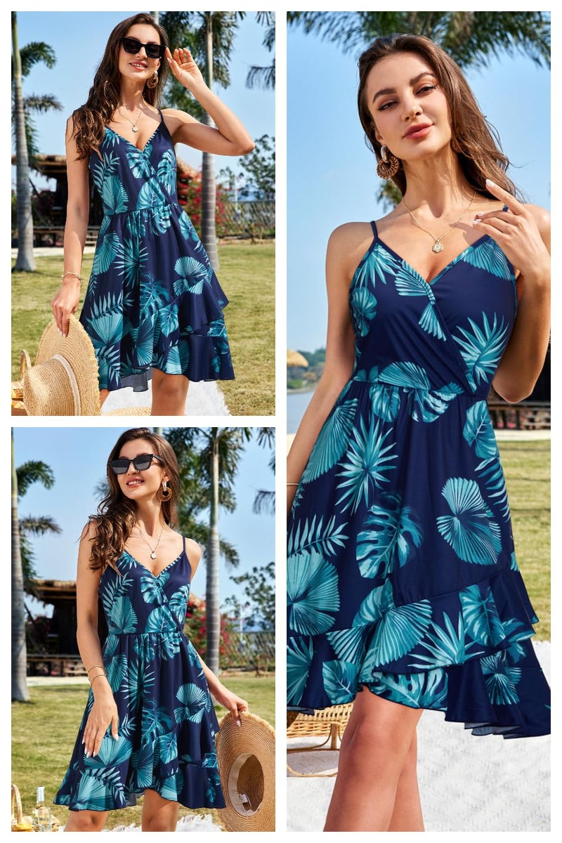 ULTRANICE Womens Summer Dresses Sundresses Casual Spring Trendy Flowy Wrap Midi Beach Wedding Guest Vacation Outfits Clothes V Neck Spaghetti Strap Dress(Blue Blue Green Floral,M) - Image 2